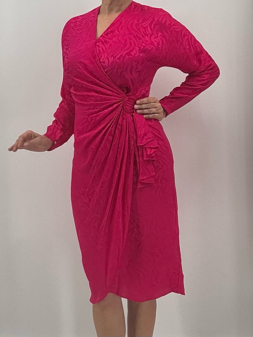 Vintage 80s Girl Boss Silk Damask Pink Wedding Guest Cocktail Long Sleeve Dress
